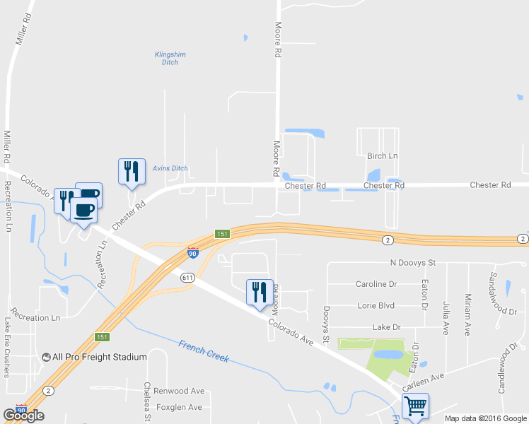 map of restaurants, bars, coffee shops, grocery stores, and more near 1610 Moore Road in Avon