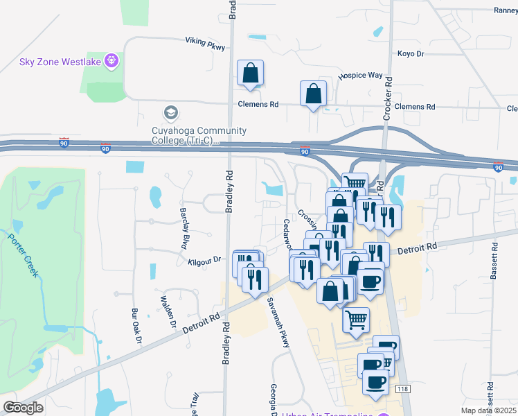 map of restaurants, bars, coffee shops, grocery stores, and more near 1448 Cedarwood Drive in Westlake