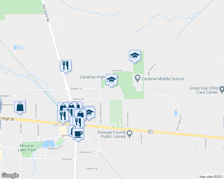 map of restaurants, bars, coffee shops, grocery stores, and more near 14785 North Thompson Avenue in Middlefield