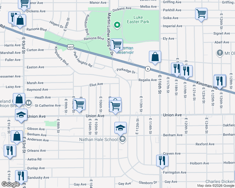 map of restaurants, bars, coffee shops, grocery stores, and more near 3410 East 110th Street in Cleveland