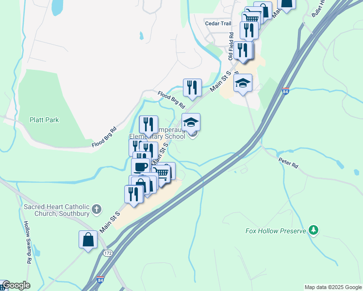 map of restaurants, bars, coffee shops, grocery stores, and more near 655 Main Street South in Southbury