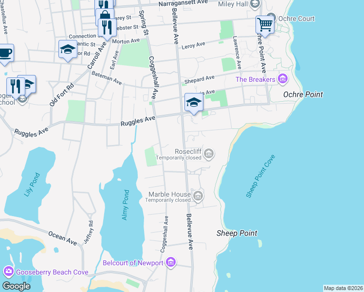 map of restaurants, bars, coffee shops, grocery stores, and more near 553 Bellevue Avenue in Newport
