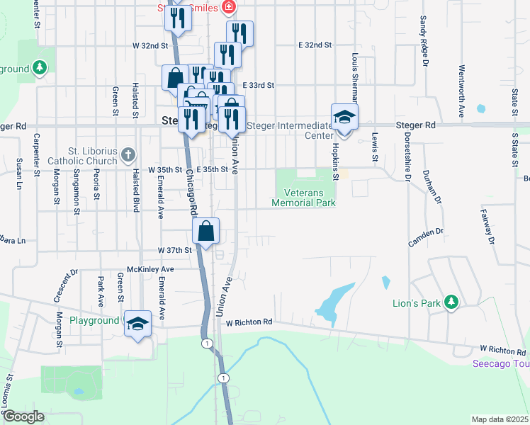 map of restaurants, bars, coffee shops, grocery stores, and more near 3601 Wallace Avenue in Steger
