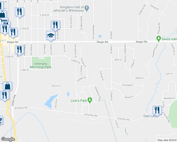 map of restaurants, bars, coffee shops, grocery stores, and more near 307 Durham Drive in Steger