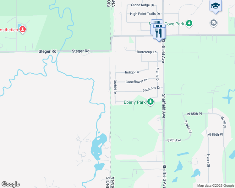 map of restaurants, bars, coffee shops, grocery stores, and more near 3627 Orchid Drive in Dyer