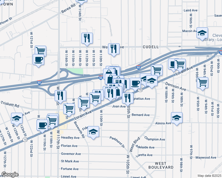 map of restaurants, bars, coffee shops, grocery stores, and more near 10800 Lorain Ave in Cleveland