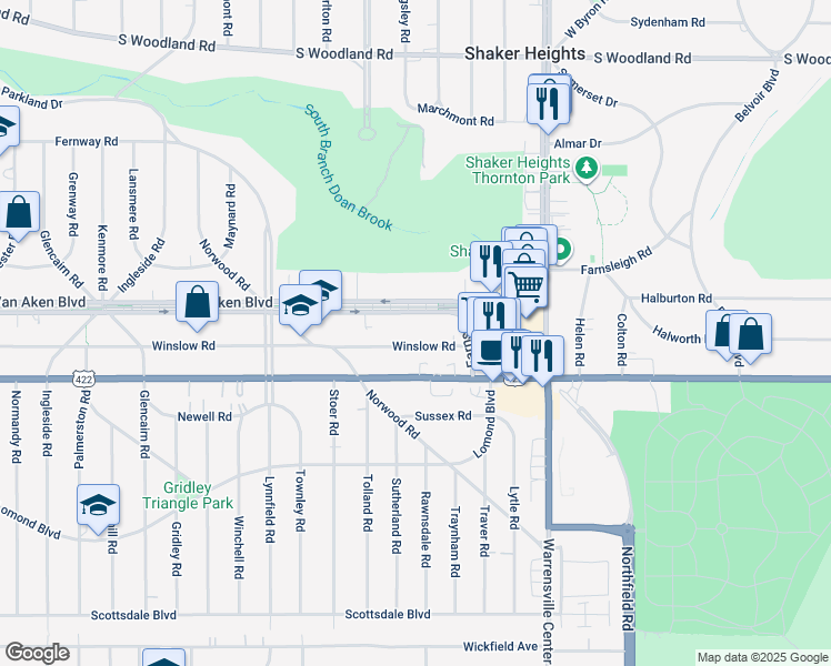 map of restaurants, bars, coffee shops, grocery stores, and more near 19615 Winslow Road in Shaker Heights