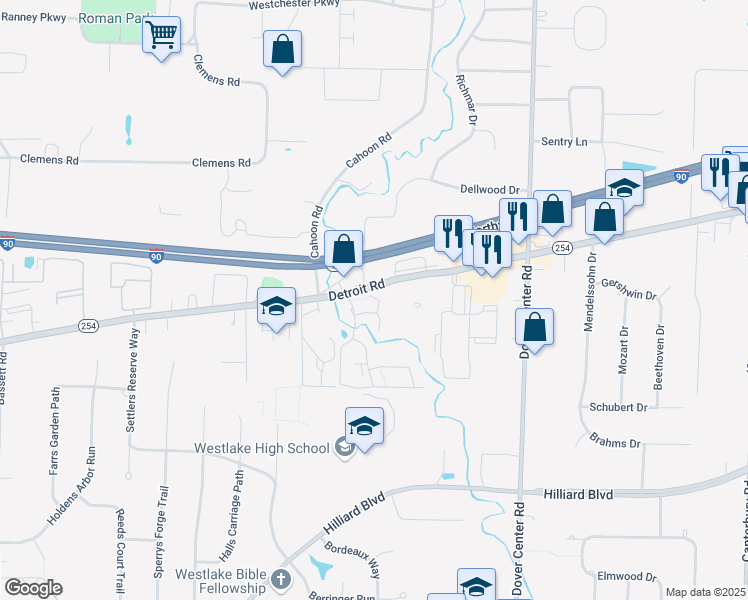 map of restaurants, bars, coffee shops, grocery stores, and more near 27628 Roanoke Court in Westlake