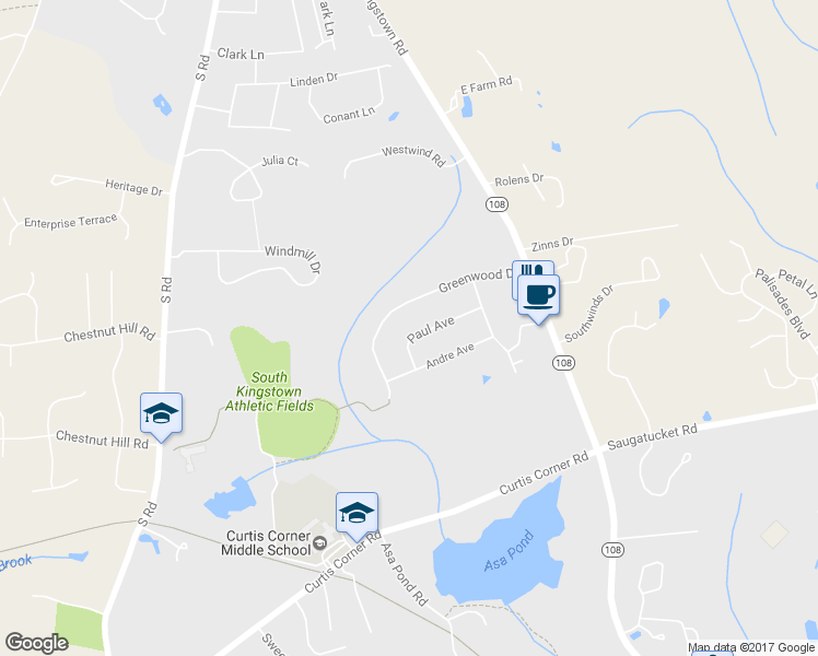 map of restaurants, bars, coffee shops, grocery stores, and more near 77 Paul Avenue in South Kingstown