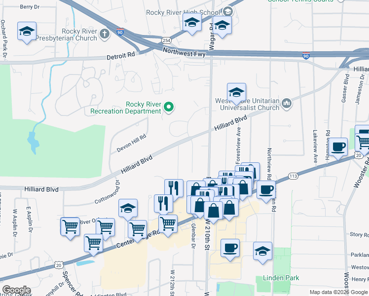 map of restaurants, bars, coffee shops, grocery stores, and more near 21255 Hilliard Boulevard in Rocky River
