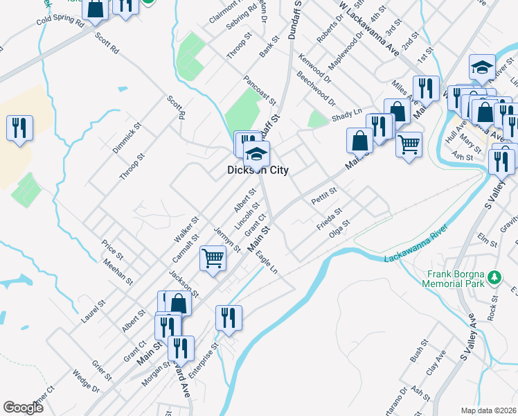map of restaurants, bars, coffee shops, grocery stores, and more near 510 Dundaff Street in Dickson City