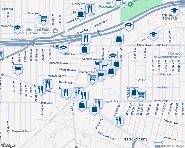 map of restaurants, bars, coffee shops, grocery stores, and more near 7115 Dearborn Avenue in Cleveland