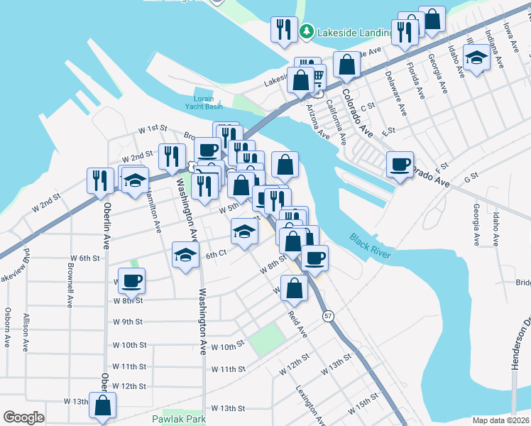 map of restaurants, bars, coffee shops, grocery stores, and more near Broadway & W 6th St in Lorain