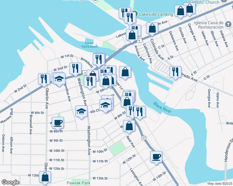 map of restaurants, bars, coffee shops, grocery stores, and more near Broadway & W 6th St in Lorain