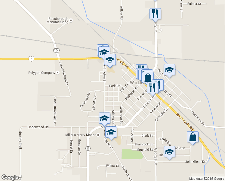 map of restaurants, bars, coffee shops, grocery stores, and more near 698 Ohio Street in Walkerton