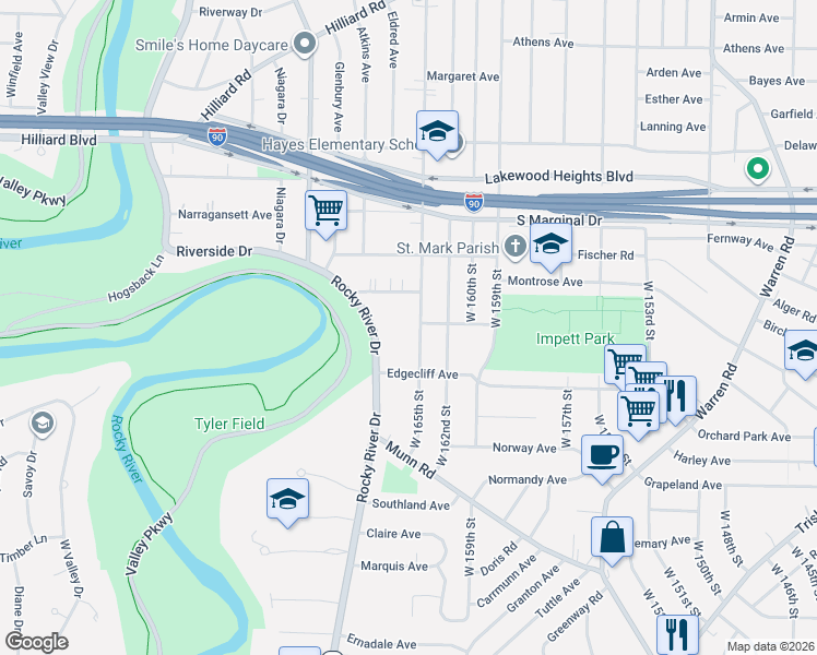 map of restaurants, bars, coffee shops, grocery stores, and more near 3207 Rocky River Drive in Cleveland