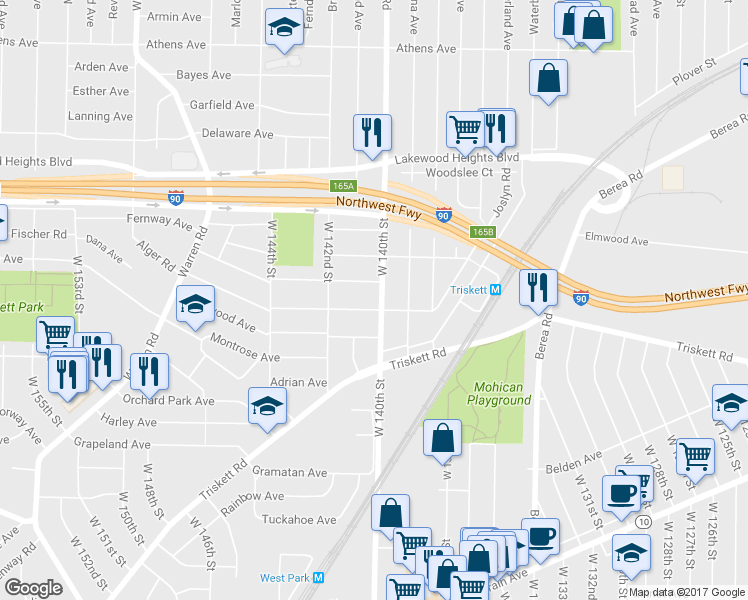 map of restaurants, bars, coffee shops, grocery stores, and more near 3206 West 140th Street in Cleveland