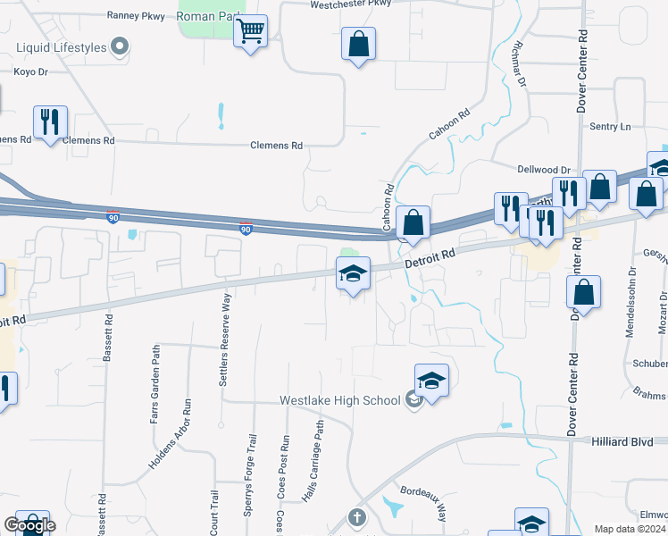 map of restaurants, bars, coffee shops, grocery stores, and more near 28082 Ohio 254 in Westlake