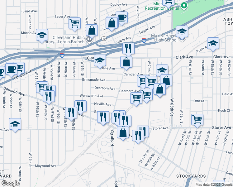 map of restaurants, bars, coffee shops, grocery stores, and more near 3236 West 73rd Street in Cleveland