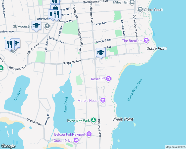map of restaurants, bars, coffee shops, grocery stores, and more near in Newport