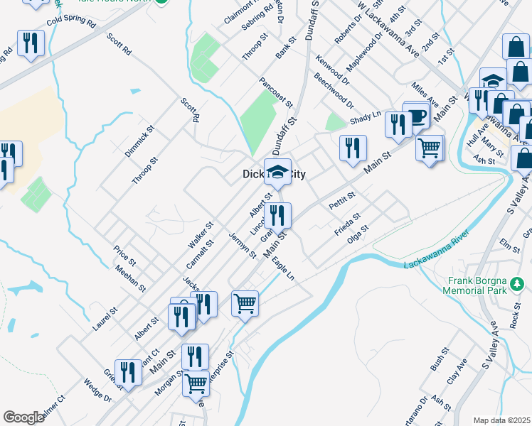map of restaurants, bars, coffee shops, grocery stores, and more near 1057 Lincoln Street in Dickson City