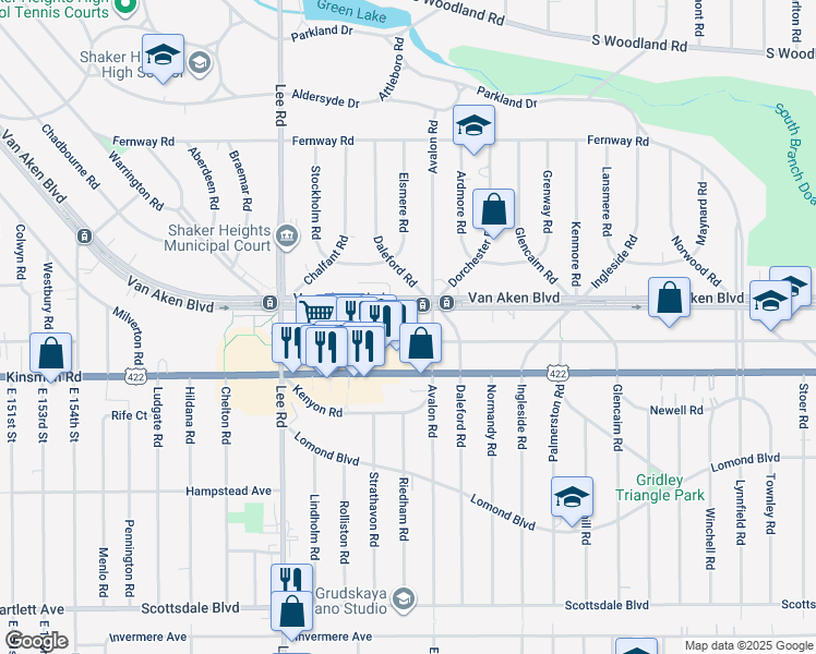 map of restaurants, bars, coffee shops, grocery stores, and more near 3440 Avalon Road in Shaker Heights