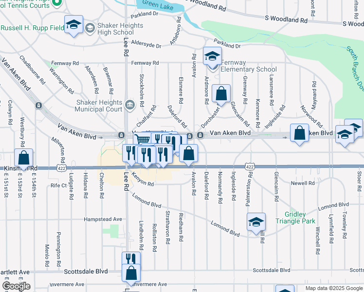 map of restaurants, bars, coffee shops, grocery stores, and more near 3440 Avalon Road in Shaker Heights