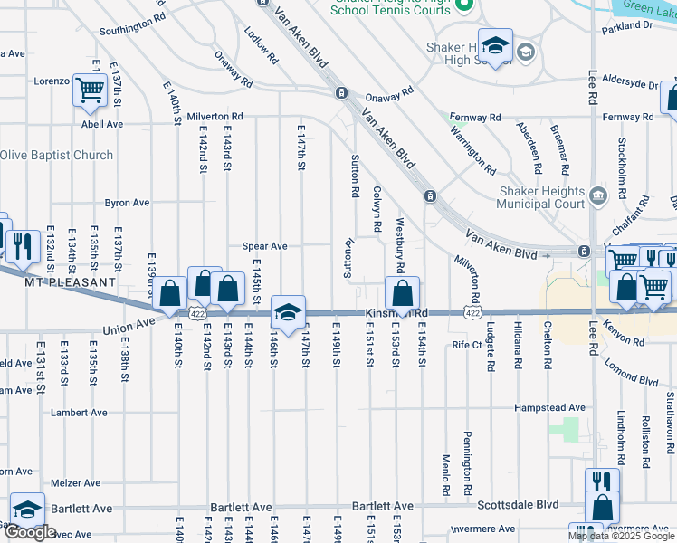 map of restaurants, bars, coffee shops, grocery stores, and more near 3436 East 149th Street in Cleveland