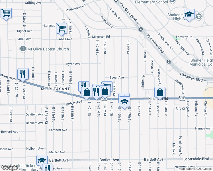 map of restaurants, bars, coffee shops, grocery stores, and more near 3435 East 143rd Street in Cleveland