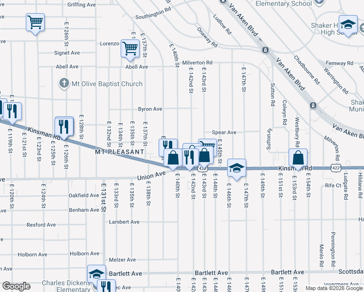 map of restaurants, bars, coffee shops, grocery stores, and more near 3442 East 140th Street in Cleveland