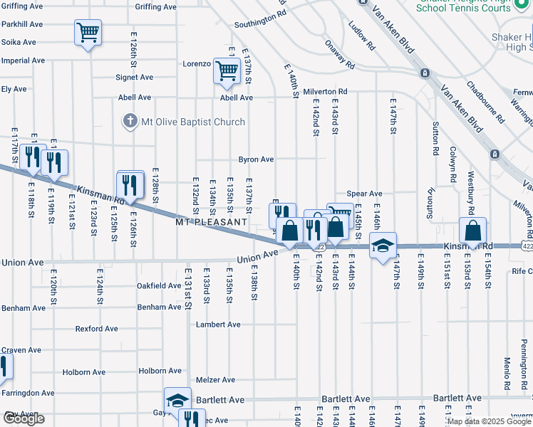 map of restaurants, bars, coffee shops, grocery stores, and more near 3420 East 139th Street in Cleveland