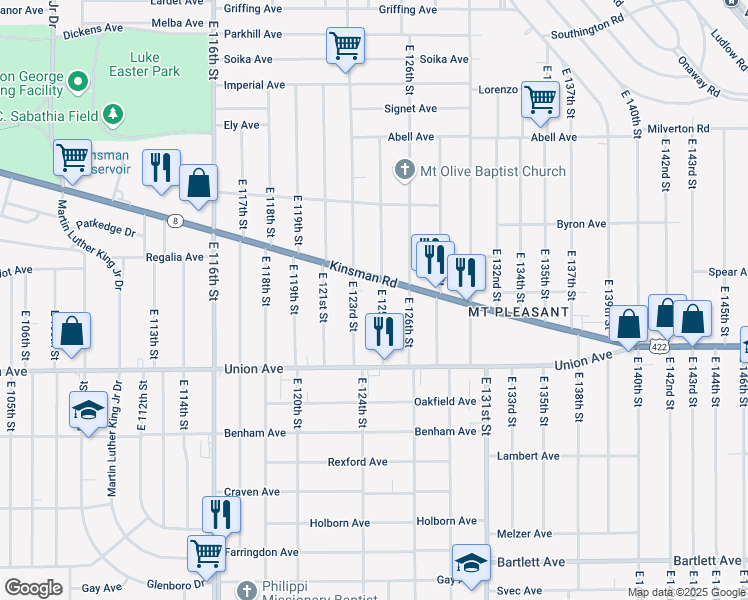 map of restaurants, bars, coffee shops, grocery stores, and more near 12502 Kinsman Road in Cleveland