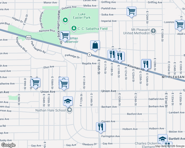 map of restaurants, bars, coffee shops, grocery stores, and more near 3408 East 114th Street in Cleveland