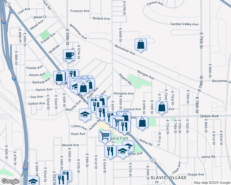 map of restaurants, bars, coffee shops, grocery stores, and more near 3395 East 65th Street in Cleveland