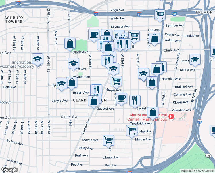 map of restaurants, bars, coffee shops, grocery stores, and more near in Cleveland