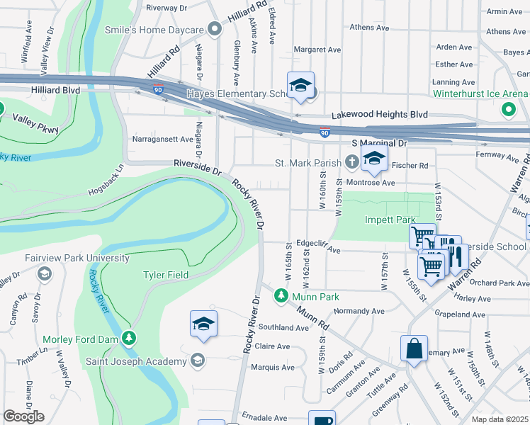 map of restaurants, bars, coffee shops, grocery stores, and more near 3207 Rocky River Drive in Cleveland
