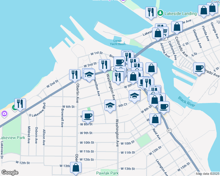 map of restaurants, bars, coffee shops, grocery stores, and more near 436 Washington Avenue in Lorain
