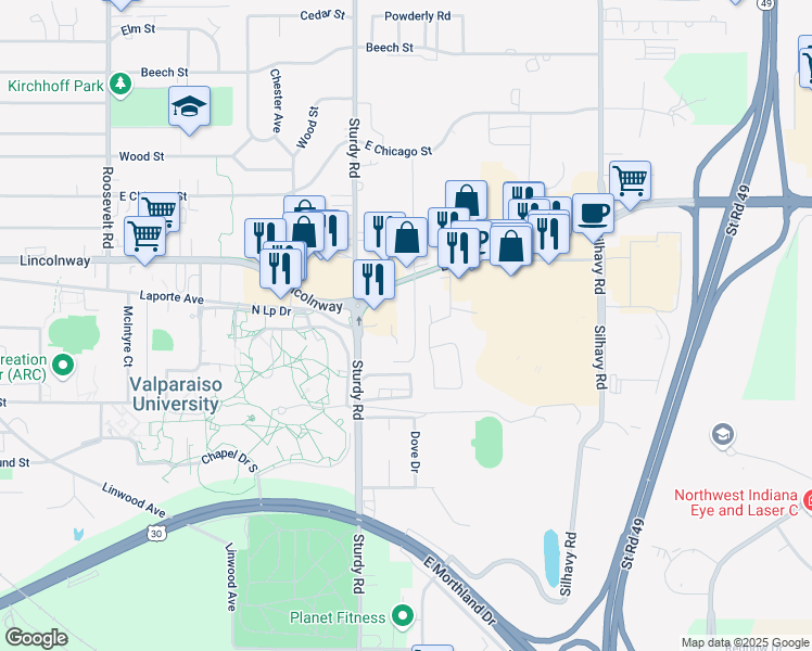 map of restaurants, bars, coffee shops, grocery stores, and more near 254 Mayfield Avenue in Valparaiso