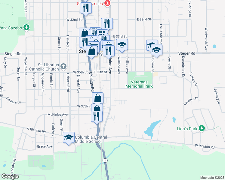 map of restaurants, bars, coffee shops, grocery stores, and more near 3544 Union Avenue in Steger