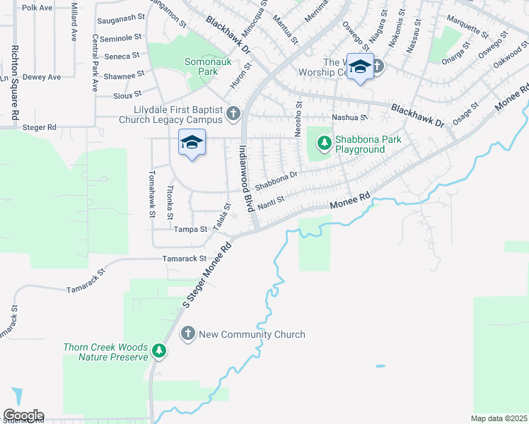 map of restaurants, bars, coffee shops, grocery stores, and more near 195 Nanti Street in Park Forest