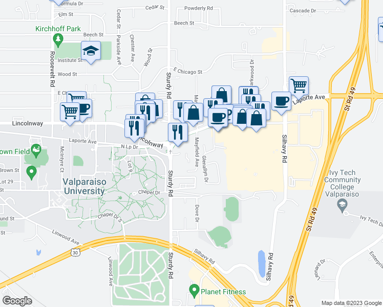 map of restaurants, bars, coffee shops, grocery stores, and more near 256 Mayfield Avenue in Valparaiso