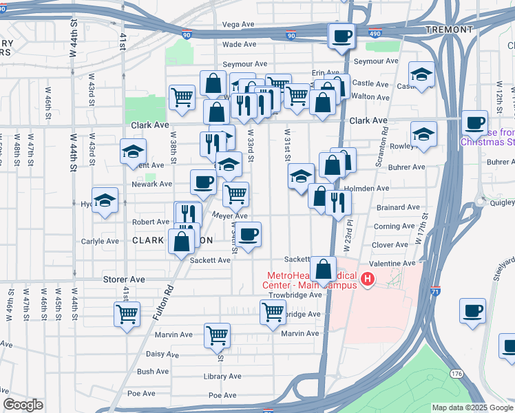 map of restaurants, bars, coffee shops, grocery stores, and more near 3243 West 33rd Street in Cleveland