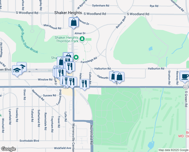 map of restaurants, bars, coffee shops, grocery stores, and more near 20950 Halworth Road in Shaker Heights