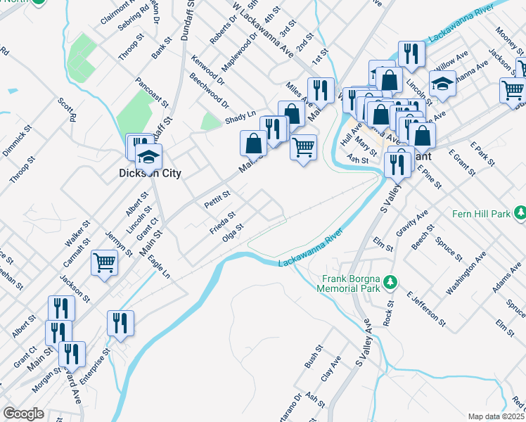 map of restaurants, bars, coffee shops, grocery stores, and more near 312 Pancoast Street in Dickson City