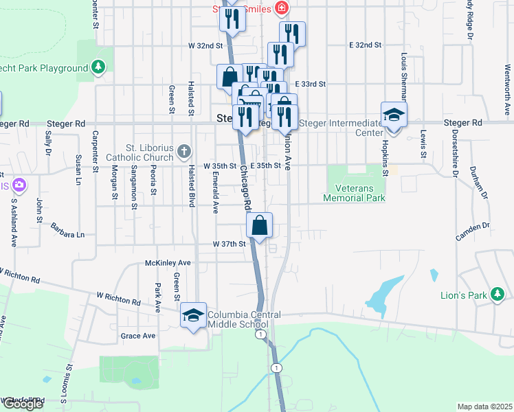 map of restaurants, bars, coffee shops, grocery stores, and more near 3601 Chicago Road in Steger