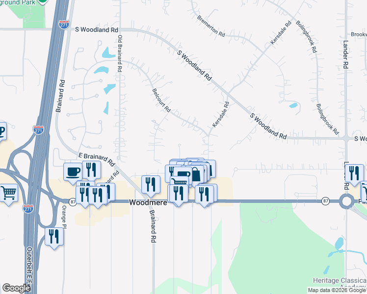 map of restaurants, bars, coffee shops, grocery stores, and more near 3425 Courtland Road in Beachwood