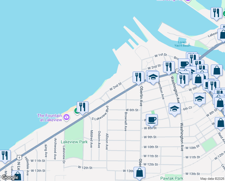 map of restaurants, bars, coffee shops, grocery stores, and more near 1334 West 2nd Street in Lorain