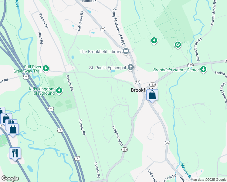 map of restaurants, bars, coffee shops, grocery stores, and more near 11 Comstock Trail in Brookfield