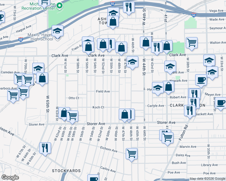 map of restaurants, bars, coffee shops, grocery stores, and more near 3230 West 50th Street in Cleveland