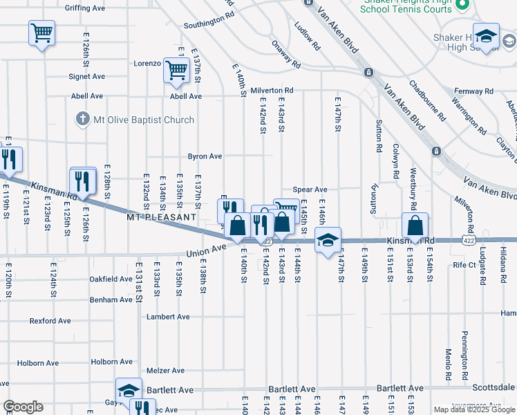 map of restaurants, bars, coffee shops, grocery stores, and more near 3440 East 142nd Street in Cleveland